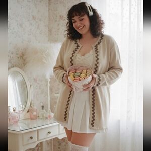 Vintage Lambswool Angora Blend Beaded Cardigan Tan/Beige SZ 1X